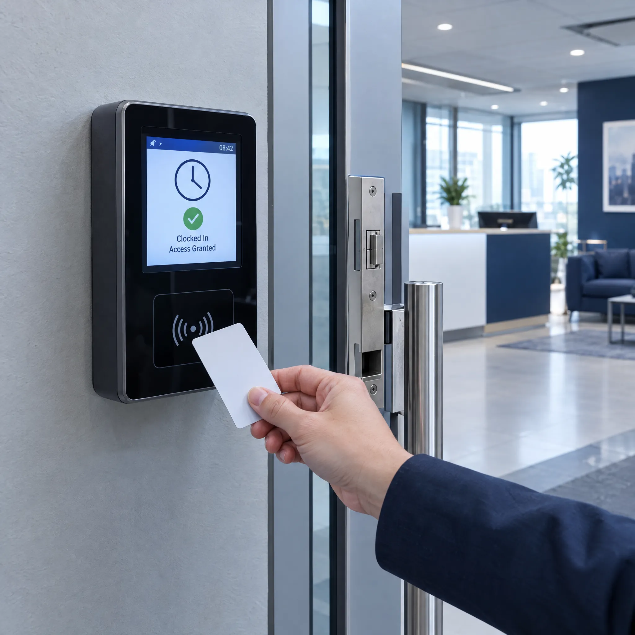 Terminal de control acces și pontaj cu card de angajat — imagine de prezentare